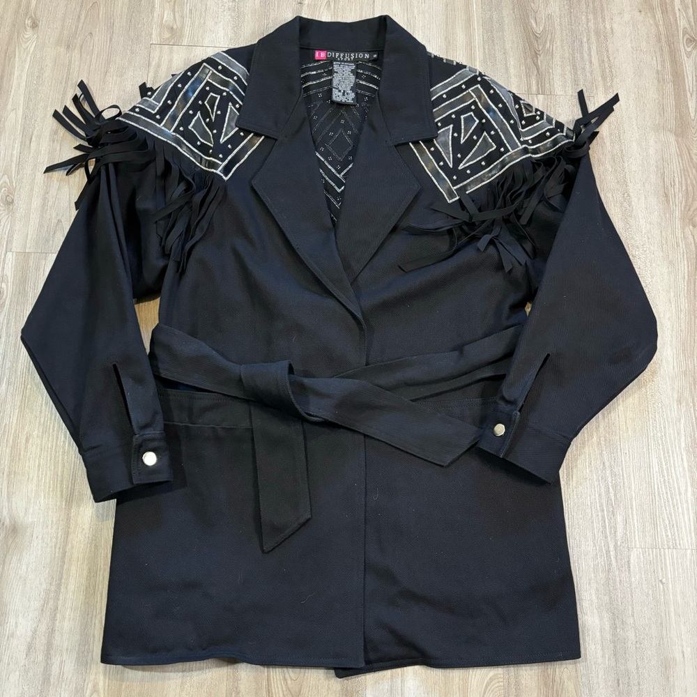 Vintage IB Diffusion‎ Small Black Fringe Western Jacket Studded Yoke Belted 90s